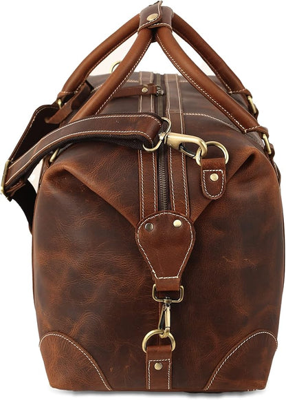 KomalC Leather Travel Duffle Bags for Men and Women Overnight Weekend Bag, Sports Gym Duffel (Dark Tan)