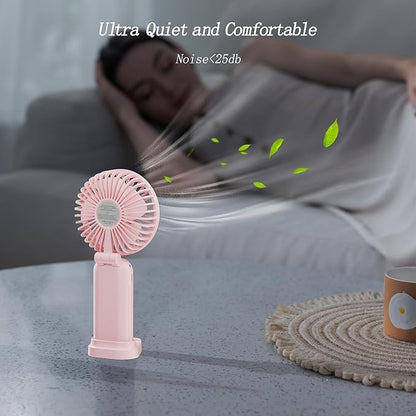 Portable Fan, 4200mAh Battery Operated Fan, 5 Speeds&Digital Display, Makeup Fans for Women with Base, 180°Foldable 3in1 Handheld/Neck/Desk Fan for Outdoor Indoor,Ultra Quiet (Pink)