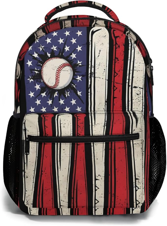 American Flag Baseball Print Backpack, Laptop Backpack with Multiple Pockets for Adult Hiking Travel Work 17 Inch