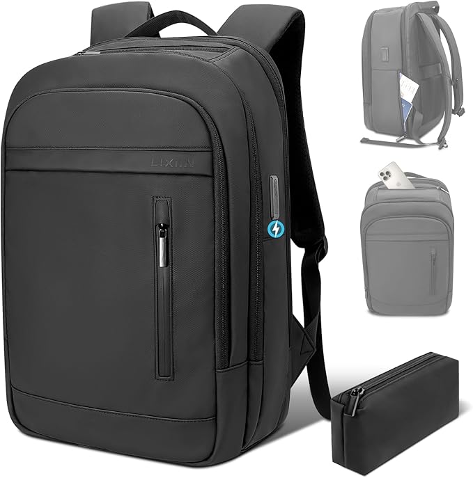 Laptop Backpack for Men Business Travel Laptop Backpack with USB Charger Lightweight Anti-Theft Water-Resistant Fits 15.6 Inch Laptop for Travel Daily Work Office College with Small Bag-Black