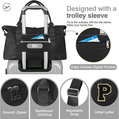 Dance Gym Duffel Bag for Teen Girls, Personalized Initial Travel Weekender Bag,Cute Overnight Carry On Duffle for Women,Sports Travel Cheer Bag,Monogram Christmas Gifts for Tween Preppy(black-P)