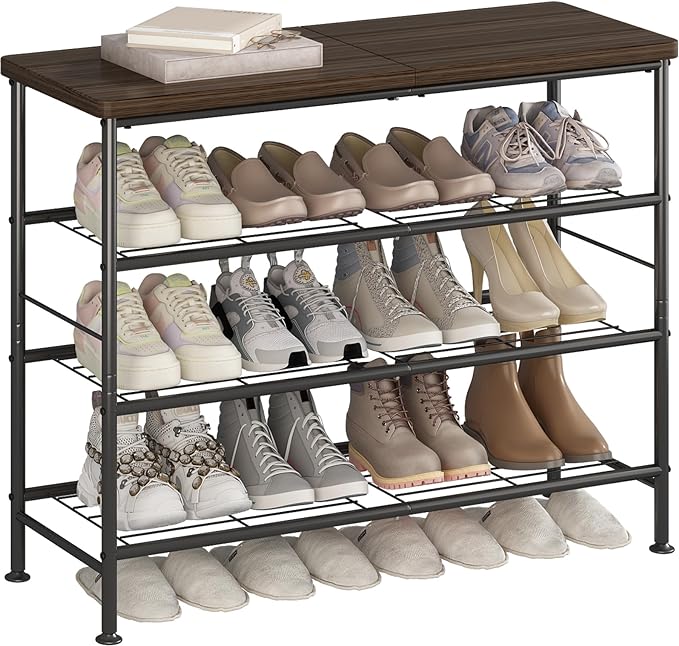SUOERNUO Shoe Rack Organizer 4 Tier for Closet Entryway Free Standing Metal Storage Shoe Shelf with MDF Top Board，Black