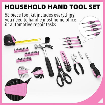 58-Piece Pink Household Tool Set General Household Hand Tool Kit,Small Tool Kit with Plastic Toolbox Mini Tool kit for Women, Office & College Repairs