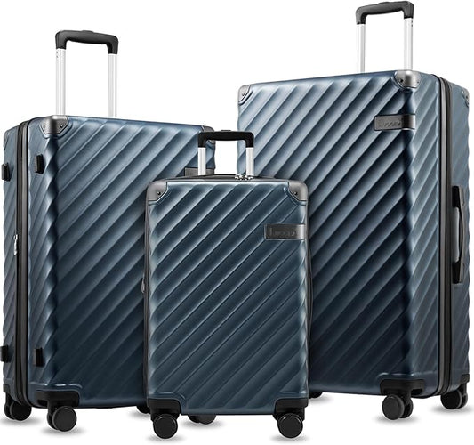 3 Piece Set Luggage with Spinner Wheels, KVC Polycarbonate Expandable Hard Shell Suitcase (EX-Core, Navy, 3 Piece Sets)