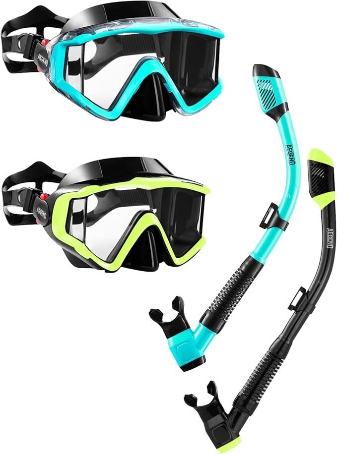 Aegend Snorkeling Gear for Adults Youth Kids, Dry Snorkel Set Panoramic View Enhanced Anti-Leak and Anti-Fog Technology, Adjustable Strap for Snorkeling Scuba Diving Swimming with Mesh Bag