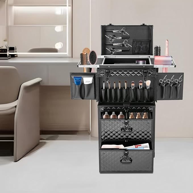 Beauty Luggage Rolling Lockable Makeup Train Case Stylist Cosmetic Luggage Travel Organizer with Hair Dryer Holder & Compartment