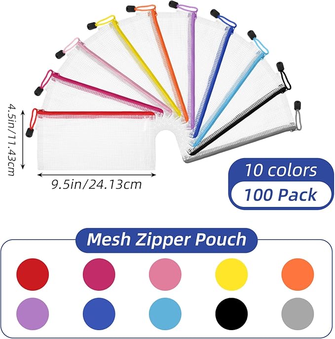 100 Pack Pencil Pouch Bulk Operation Christmas Mesh Zipper Storage Cases Gifts-A6 File Bag Clear Pencil Pouches Multipurpose Toiletry Cosmetics Bags for Office Bill Travel 9.5'' x 4.5''(10 Colors)
