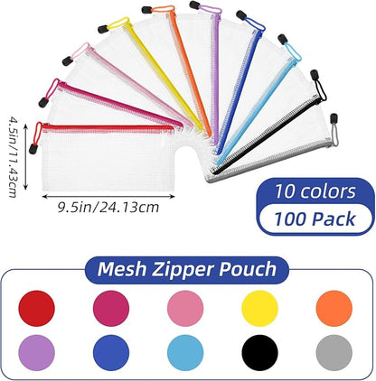 100 Pack Pencil Pouch Bulk Operation Christmas Mesh Zipper Storage Cases Gifts-A6 File Bag Clear Pencil Pouches Multipurpose Toiletry Cosmetics Bags for Office Bill Travel 9.5'' x 4.5''(10 Colors)