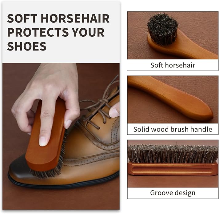 IKI Shoe Shine Polish Kit - 7PCS Leather Boot Care Kit with Black Brown Shoe Polish Horsehair Brush Cloth Shoe Horn for Men