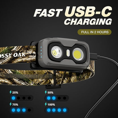 Mossy Oak 600 Lumens Rechargeable Headlamp, Lightweight LED Headlight with White & Red Light, Waterproof Head Lamp with Non-Slip Band, Dimmable & Memory Function for Camping, Running, Christmas Gifts