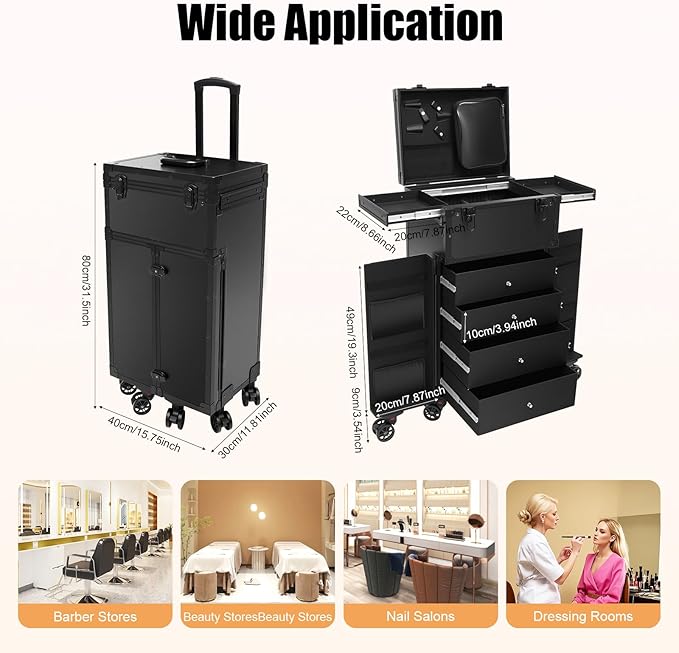 Professional Rolling Makeup Case 4 Drawers Pro Artist Cosmetic Train Cases Hairstylist Travel Case with Multiple Compartments & Hair Dryer Holder