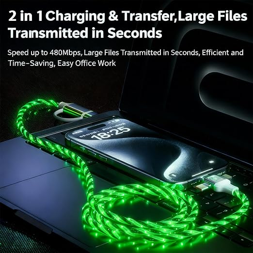 USB Cable PD Fast Charger Lighted Up(USB 6IN1 Starry Green) Mobile Phone Data Cable,Fast Charging Cable,TPE Material,Compatible with Almost All Devices.