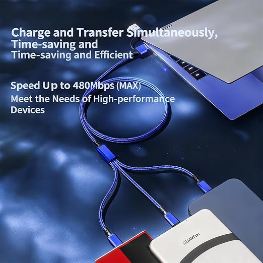 USB Cable PD Fast Charger Lighted Up (USB 6IN1 Braid Blue),A Mobile Phone Data Cable, specifically a Fast Charging Cable, Crafted from Nylon Braided Material.
