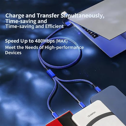 USB Cable PD Fast Charger Lighted Up (USB 6IN1 Braid Blue),A Mobile Phone Data Cable, specifically a Fast Charging Cable, Crafted from Nylon Braided Material.