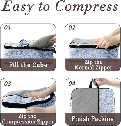 U+U 4 Set Compression Packing Cubes - Ultralight Travel Organizers, Space-Saving Suitcase Organizer, Expandable Packing Cubes for Travel, Business Trip and Family Vacation (Blue Flower)