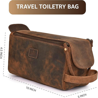 Genuine Leather Travel Toiletry Bag for Men & Women – Premium Water-Resistant Large Dopp Kit, Shaving Organizer & Compact Bathroom Essentials Case – Distressed Brown