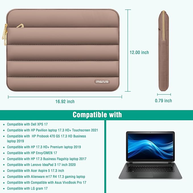 MOSISO 17-17.3 inch Laptop Case, 17.3 inch Puffy Laptop Sleeve Compatible with Dell XPS/HP Pavilion/Ideapad/Acer/Alienware/HP Omen Notebook Computer, Polyester Horizontal Bag with Small Case, Brown