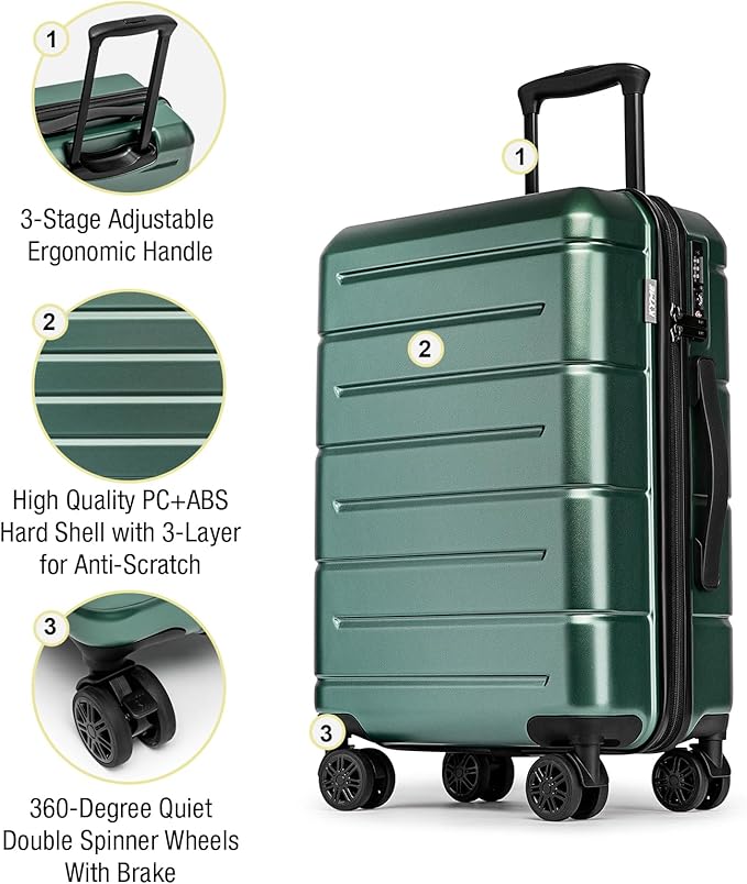 KYME Luggage Sets 3 Piece Hard Shell 22in/26in/30in Suitcases with Wheels Hardside Suitcase Set with TSA Lock Travel Rolling Luggage Set for Women Men Green