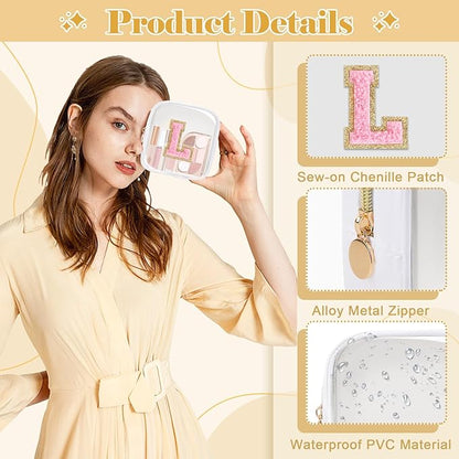 Personalized Initial Letter Clear Preppy Makeup Bag,Mini Nylon Chenille Letter Cosmetic Bag Cute Zipper Pouch Purse for Teen Girls,Portable TSA Approved Beach Travel Essentials Bag Gift for Women,L