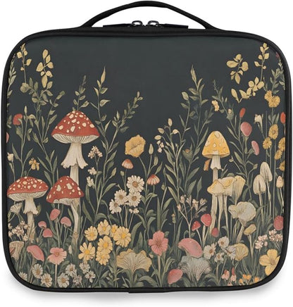 MNSRUU Travel Makeup Bag, Vintage Wildflower Mushrooms Women Makeup Case Organizer Cosmetic Toiletry Bag for Teenage Girl with Adjustable Dividers