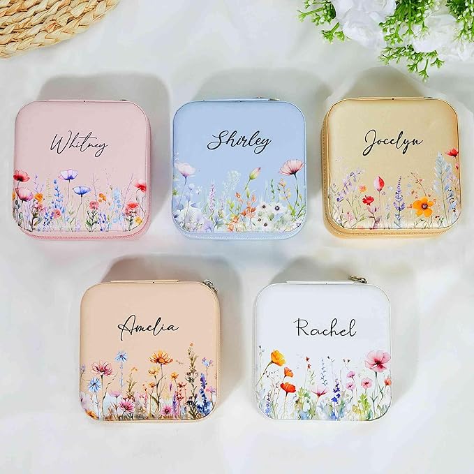 Personalized Name Travel Jewelry Case with Watercolor Flower - Custom Name Travel Jewelry Box with Mirror Birthday Gift for Her - Small Floral Leather Jewelry Organizer for Women Bridesmaid Girl