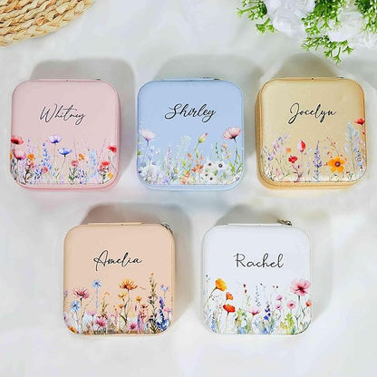 Personalized Name Travel Jewelry Case with Watercolor Flower - Custom Name Travel Jewelry Box with Mirror Birthday Gift for Her - Small Floral Leather Jewelry Organizer for Women Bridesmaid Girl