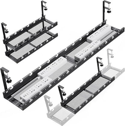 31Inch Extendable Under Desk Cable Management Tray Multi-Model Metal Cable Management Tray Under Desk Cord Management with Clamp Power Strip Cord Holder for Wire Cable Management, Black