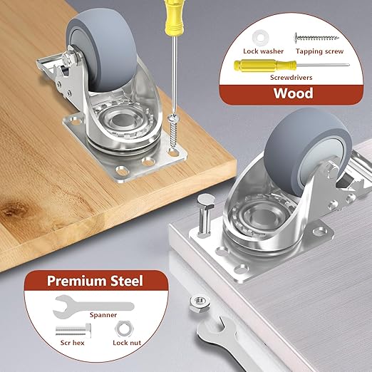 2 Inch Heavy Duty Stainless Steel Caster Wheels with Brake, 304 Swivel Casters Set of 4, 1000 lbs Load, Quiet Non-Marking TPR Wheels for Furniture, Kitchen, Labs, Industrial, Hardware Included