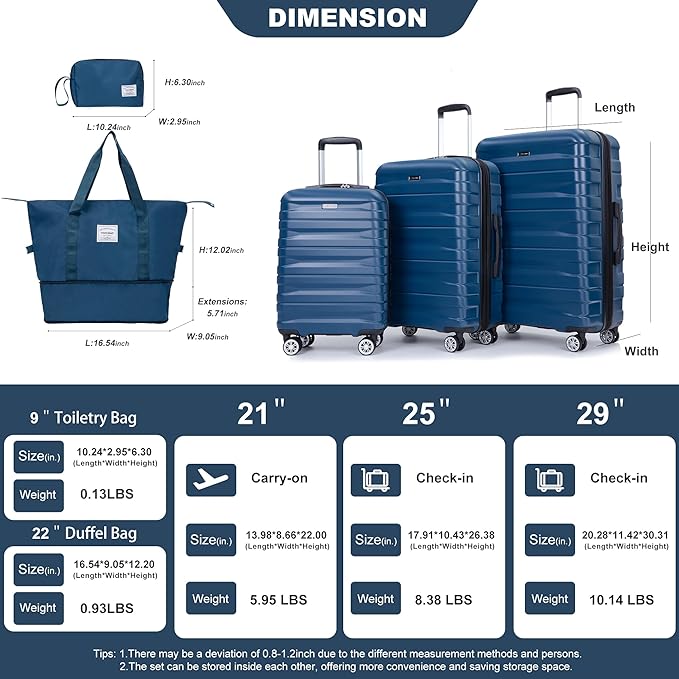 Luggage sets 5 Piece Expandable Hardside Suitcase Set with Spinner Wheels, Lightweight PC Travel Luggage set with TSA Lock（21/25/29, Dark Blue