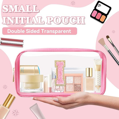 Small Clear Personalized Initial Makeup Bag,Nylon Preppy A-Z Chenille Letter Patch Cosmetic Pouch Beach Toiletry Bag,Waterproof Zipper Travel Purse Storage Bag Organizer for Women Girls(Pink-Pink I)