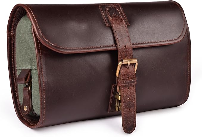 LEATHER VILLAGE Hanging Leather Toiletry Bag for Men – Handcrafted Vintage Premium Travel Dopp Kit with Waterproof Lining, Shaving Organizer and Shower Bathroom Essentials Case - Cherry