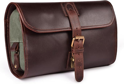 LEATHER VILLAGE Hanging Leather Toiletry Bag for Men – Handcrafted Vintage Premium Travel Dopp Kit with Waterproof Lining, Shaving Organizer and Shower Bathroom Essentials Case - Cherry