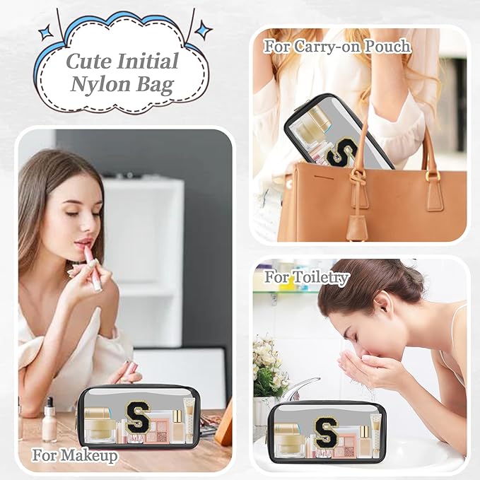 Small Clear Personalized Initial Makeup Bag,Nylon Preppy A-Z Chenille Letter Patch Cosmetic Pouch Beach Toiletry Bag,Waterproof Zipper Travel Purse Storage Bag Organizer for Women Girls(Black-Black S)