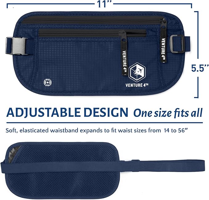 VENTURE 4TH Money Belt for Travel – Hidden Under-Clothes RFID Blocking Passport Holder & Slim Travel Wallet Pouch for Men & Women to Protect Cash, Cards & Documents (Navy Blue)