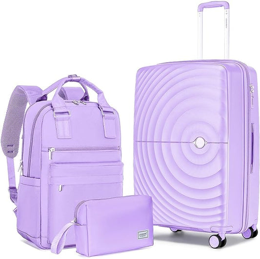 LARVENDER Carry On Luggage 22x14x9 Airline Approved, Expandable PP 20 inch Carry On Suitcases with Wheels, Lightweight Luggage Sets 3 Pieces for Women(LAVENDER/20/BP/TB)