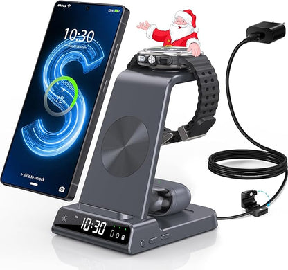 Wireless Charger for Samsung Charging Station with Clock for Samsung Galaxy S25 Ultra/S24/Z Fold 7/Flip 7/6/Bud, 3 in 1 Android Charging Station, Watch Charger for Samsung Galaxy Watch 8/7/6/5 (Grey)