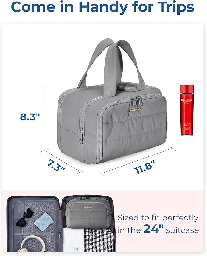 BAGSMART Travel Toiletry Bag, Lightweight Large Wide-open Travel Bag for Women, Puffy Cosmetic Makeup Bag Organizer with Handle for Accessories,Essentials, Toiletries, Grey