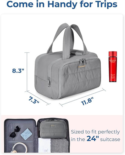 BAGSMART Travel Toiletry Bag, Lightweight Large Wide-open Travel Bag for Women, Puffy Cosmetic Makeup Bag Organizer with Handle for Accessories,Essentials, Toiletries, Grey