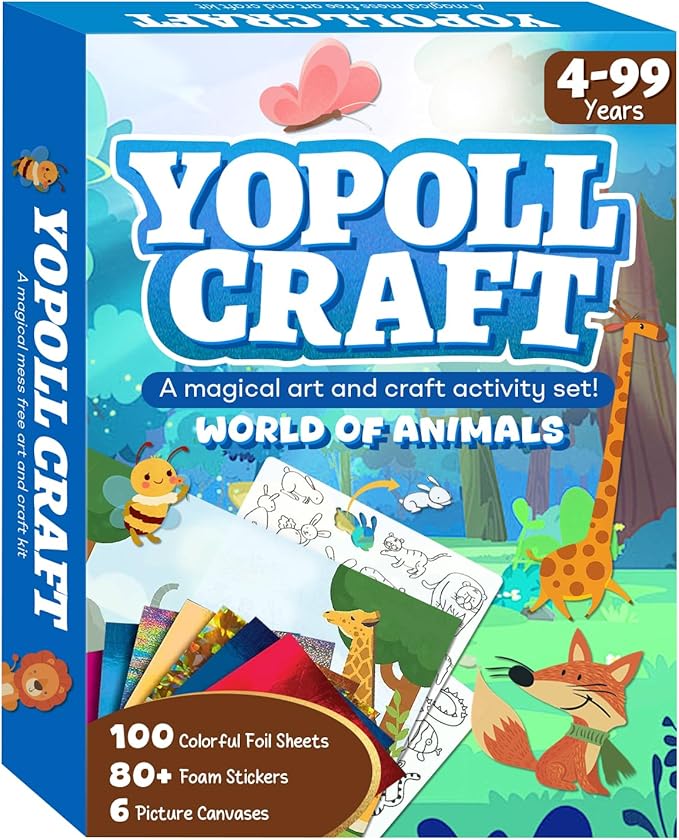 YoPoll Foil Art Craft Kits for Kids, Mess-Free DIY Creative Activity Set, Fun Arts and Crafts Toys for Boys & Girls, Peel & Press Foil Art Kit for Kids, Travel Toy and Birthday Gift (Animals)