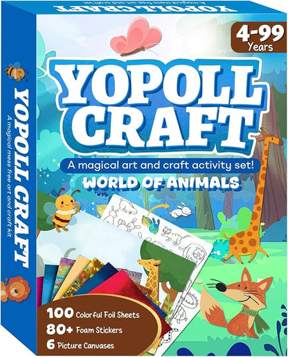 YoPoll Foil Art Craft Kits for Kids, Mess-Free DIY Creative Activity Set, Fun Arts and Crafts Toys for Boys & Girls, Peel & Press Foil Art Kit for Kids, Travel Toy and Birthday Gift (Animals)