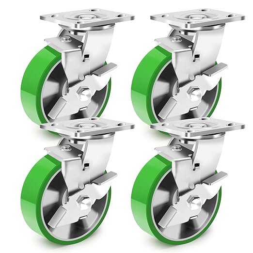 6 Inch Industrial Swivel Casters with Brake, Heavy Duty Industrial Grade Caster Set of 4, Maintenance-Free Aluminum Core PU Wheels 5000 LBS, Durable Casters Wheels for Industrial, Equipment