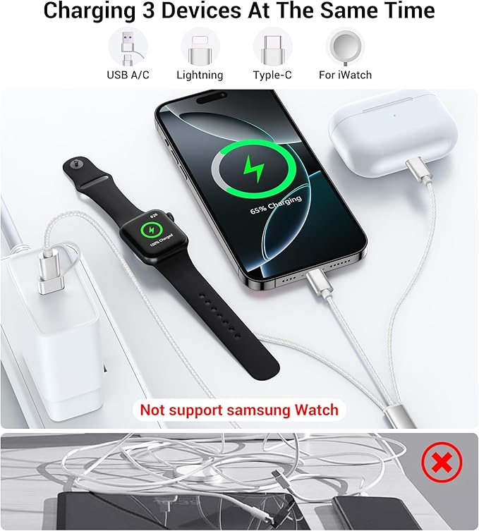 Temdan for Travel Vacation Essentials,3 in 2 USB C Cable for Apple Watch Charger/iPhone 17 Charger/Lightning,Multi Charging Cable Cord,Camping Essentials,Designed for iWatch &iPhone 16-12-5FT White