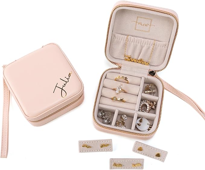 Angelina's Palace Personalized Jewelry Case with Name Engraved,Custom Leather Travel Jewelry Organizer Box for Rings,Earrings,Necklaces,Birthday Bridesmaid Gift For Women