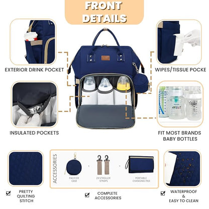 Diaper Bag Backpack with Changing Pad, Pacifier Case, Baby Bag for Boy Girl Toddler - Large, Stylish, Waterproof Travel Quilted Diaper Bag for Mom - Baby Shower - Navy Blue
