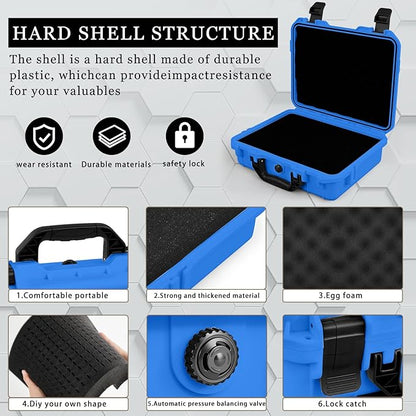 14.3 x 11.4 x 4.5 Inch Waterproof Hard Case with DIY Customizable Foam Insert Portable Protective Case with Knife for Camera Drones Equipments Tools Test Instruments (Blue)
