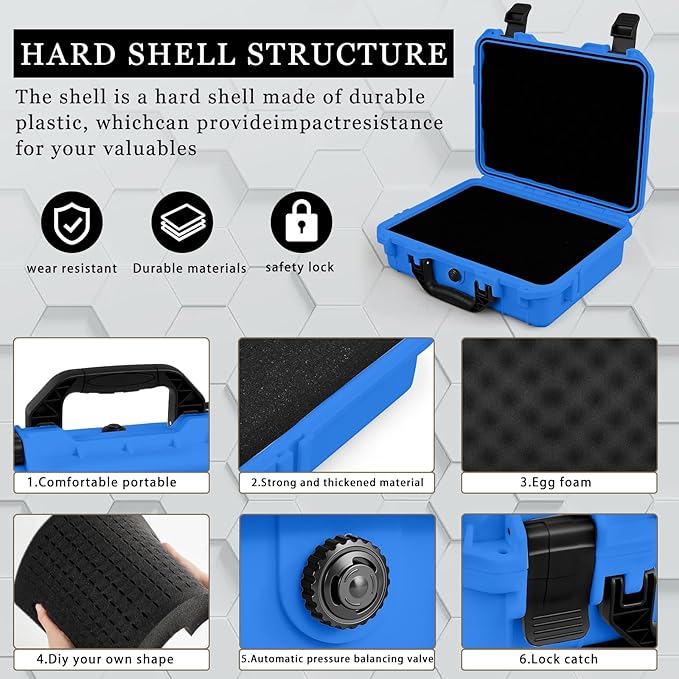 1 Pcs 8.5 x 6.5 x 3.7 Inch Waterproof Hard Case with DIY Customizable Foam Insert Portable Protective Case with Knife for Camera Drones Equipments Tools Test Instruments(Blue)