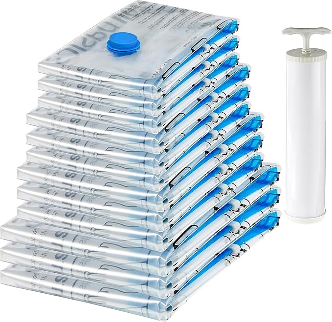 Amazon Basics Vacuum Compression Space Saving Storage Bags with Hand Pump for Travel, Multiple Sizes for Clothes and Blankets, Clear, 12 Pack (3 Small, 3 Medium, 3 Large & 3 Jumbo)