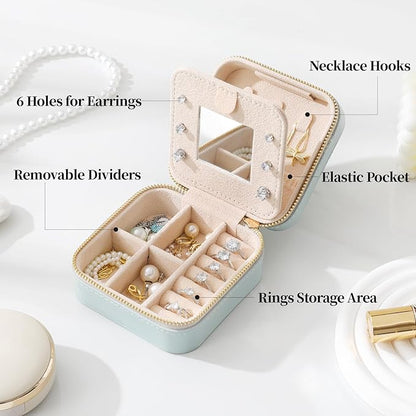 Genuine Leather Travel Jewelry Case Organizer with Mirror for Women, Small Jewelry Box Portable Mini Jewelry Case for Earring, Ring, Necklace, Bracelet(Pink)