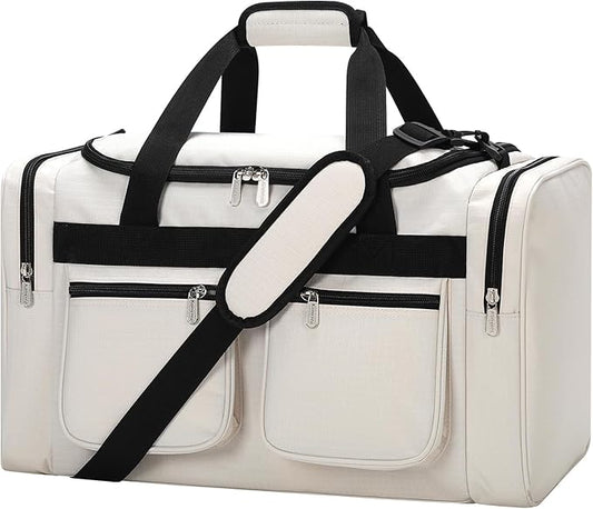 20 inch Gym Bag for Men, 40L Sports Duffle Bag with side pockets durable Weekend Overnight Bag for Travel, Workout, Fitness (White)