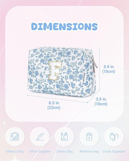 Narwey Birthday Gifts for Teen Girls Kids Women Personalized Initial Floral Makeup Bag Cute Cosmetic Trendy Stuff 6 8 10 11 12 13 14 16 18 Years Old Travel Toiletry Bag (Little Blue Flower F)